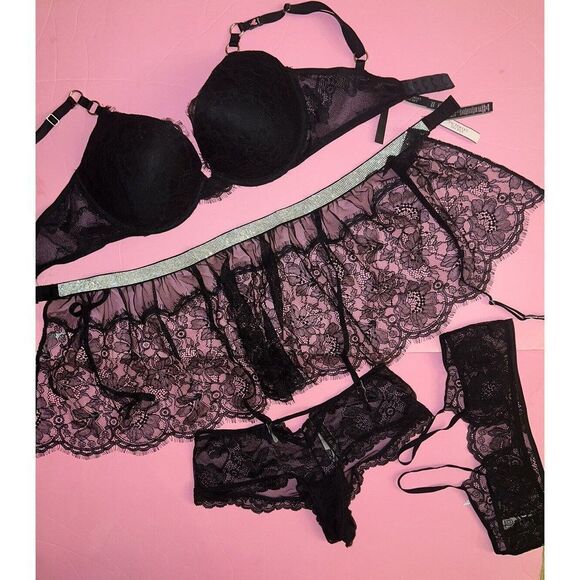 Victoria's Secret 32DDD BRA SET+garter skirt+crotchless panty BLACK SHINE STRAP